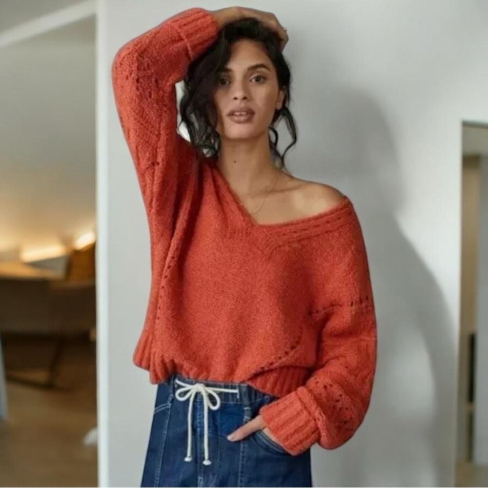 Anthropologie Rust Orange V-Neck Sweater